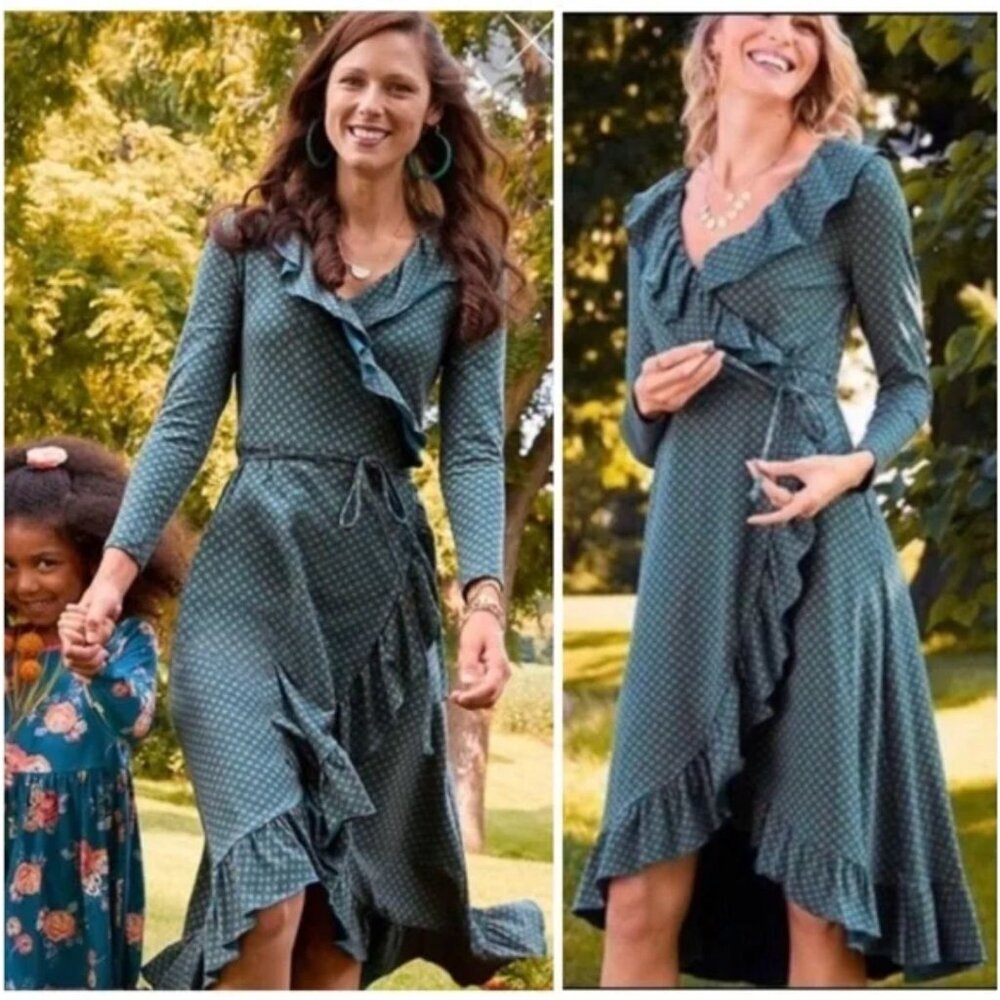 Matilda Jane Reunion Wrap Teal Asymmetrical Ruffle Trim Flowing Dress Women’s Si